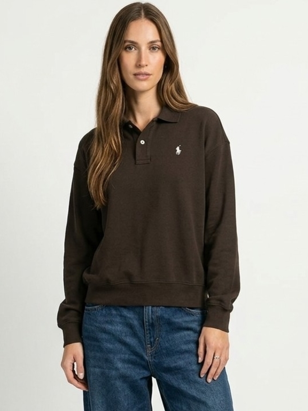 Polo by Ralph Lauren Collared Long-Sleeve Polo Sweatshirt In Chocolate Brown - M